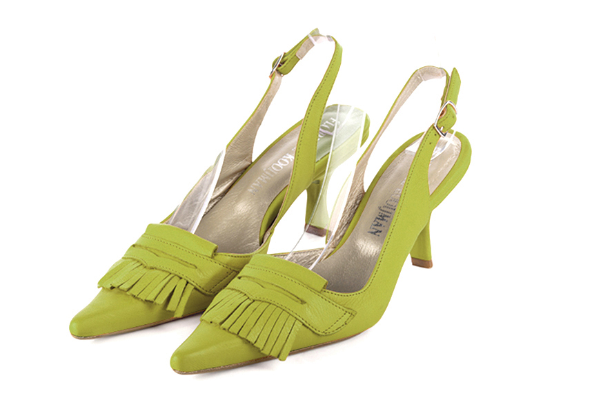 Dress slingback heels in pistachio green leather with high spool heels and pointed toe - Front view